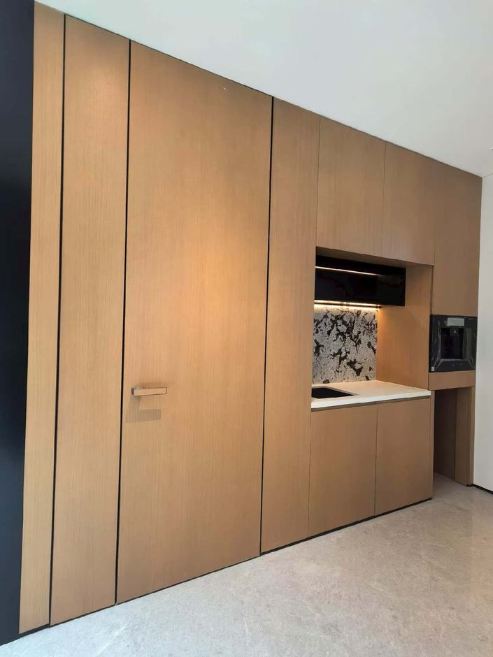 Timber-panelled wall with integrated doors